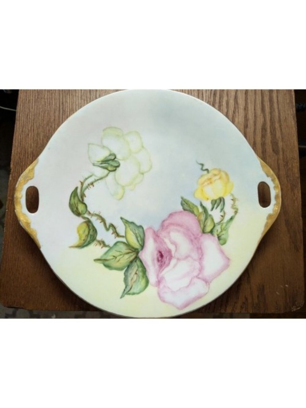 O&EG Royal Austria Porcelain Hand Painted Antique Floral Serving Plate Handles